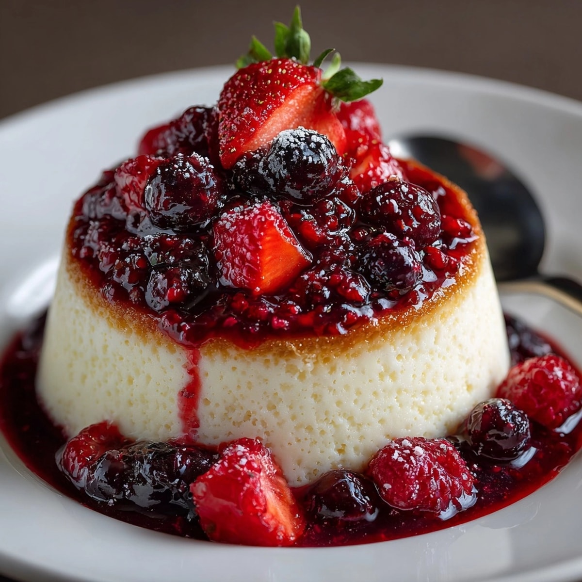 Close-up of creamy Panna Cotta with glistening berry compote, a stunning Italian dessert.