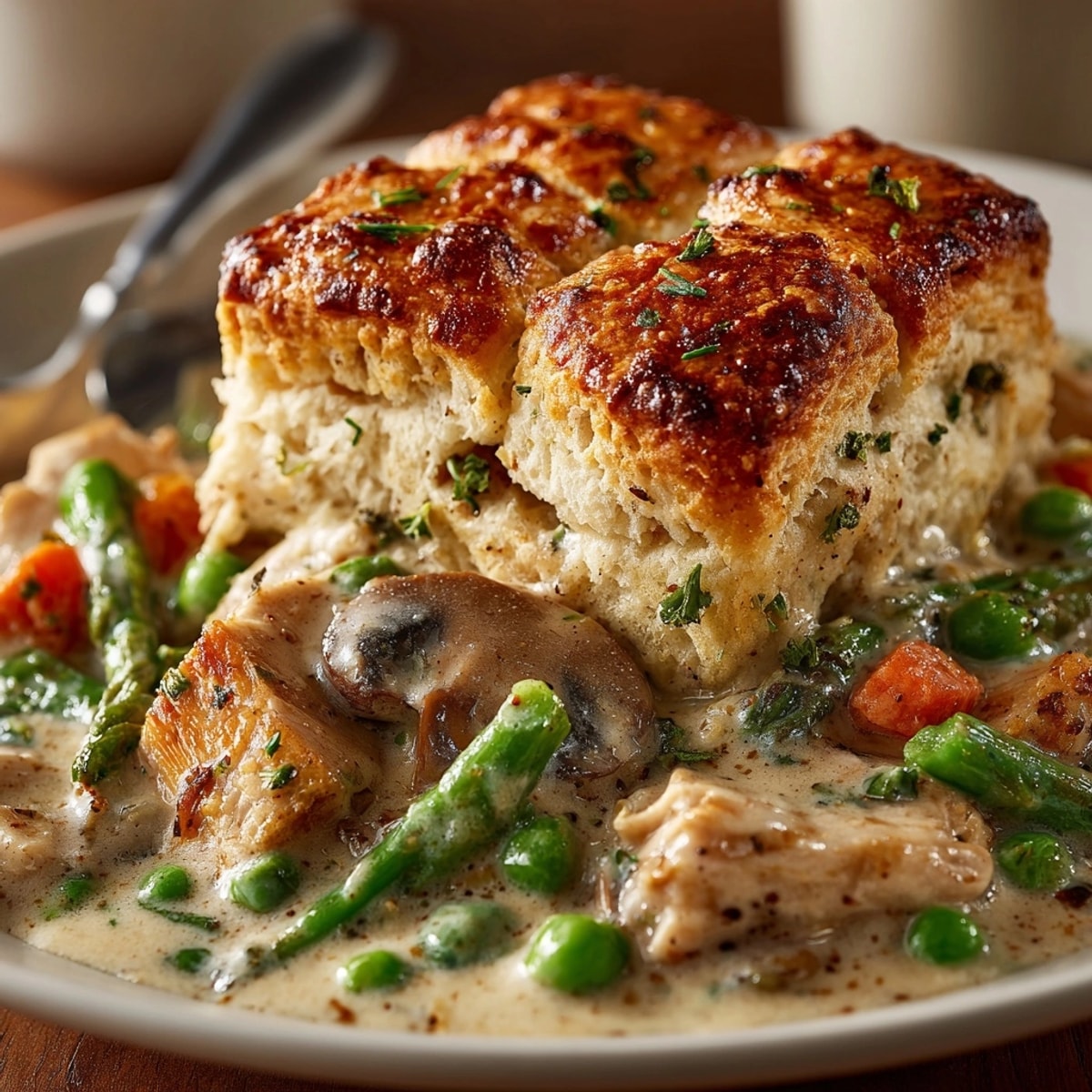 Golden, flaky Spring Skillet Chicken Pot Pie bubbling hot, studded with bright green veggies.