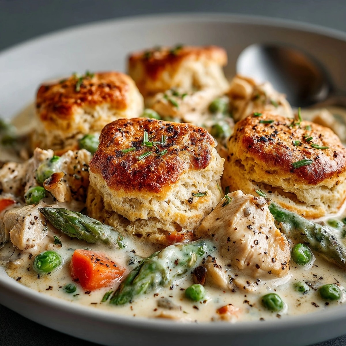 A savory Spring Skillet Chicken Pot Pie, filled with tender chicken, asparagus, and peas.