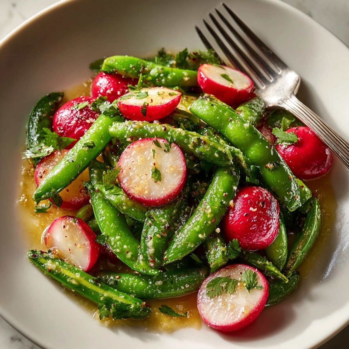 Crisp Sugar Snap Pea & Radish Salad drizzled with a sweet-tart honey-lime dressing.