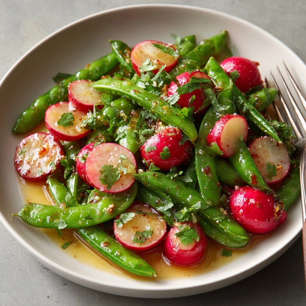 Vibrant Sugar Snap Pea &amp; Radish Salad, perfect for a light and refreshing summer lunch.