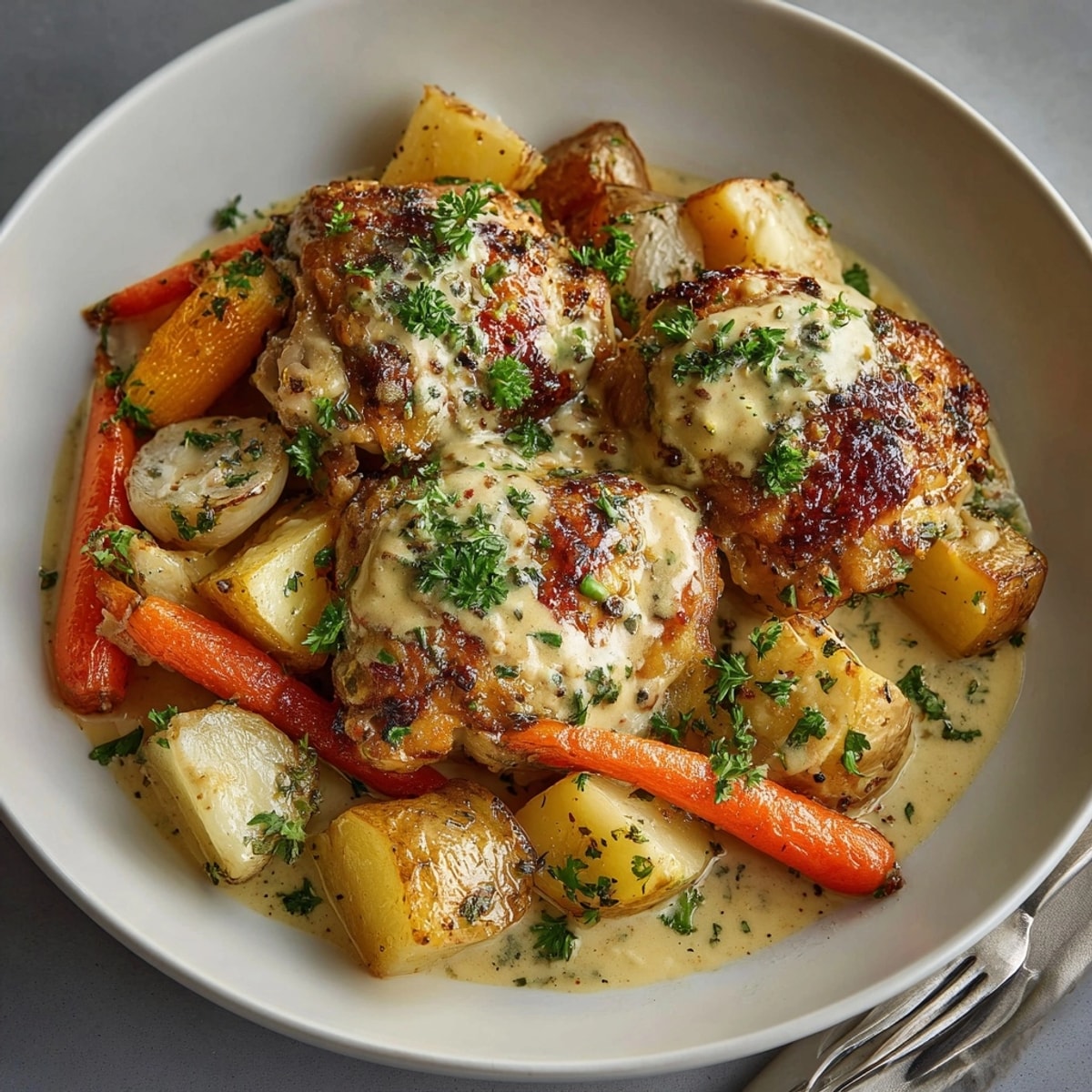 Creamy Baked Dijon Chicken Thighs recipe, golden brown and served over roasted root vegetables.