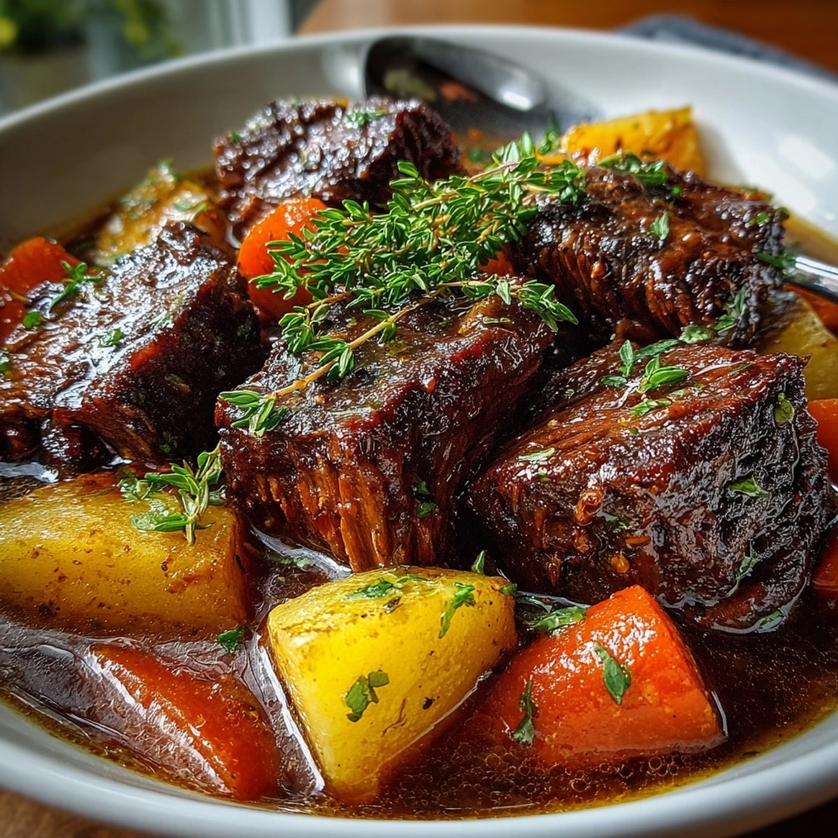 Hearty slow-cooker beef stew simmers with tender beef and colorful root vegetables.