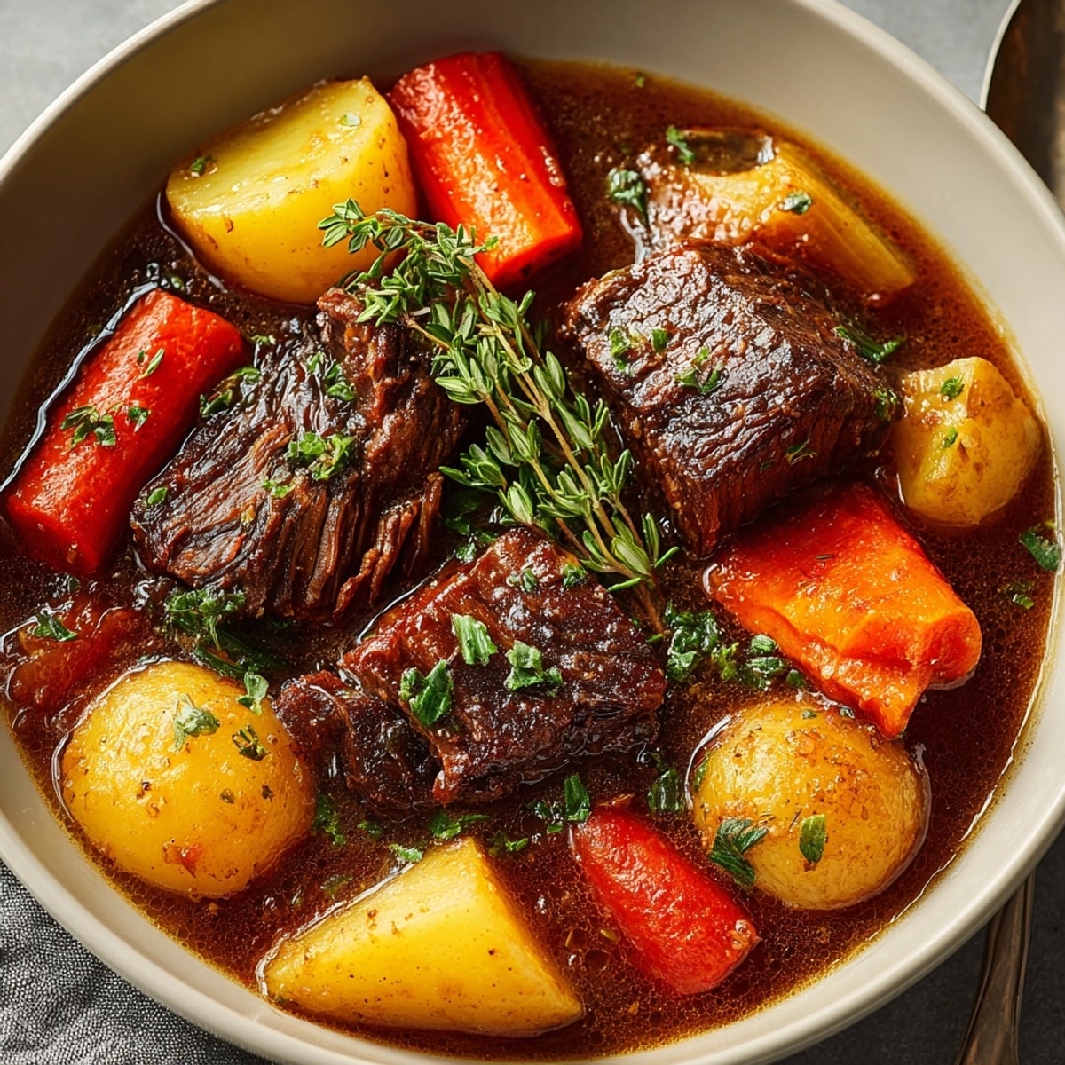 Aromatic slow-cooker beef stew: close-up shows rich broth and perfectly cooked vegetables.