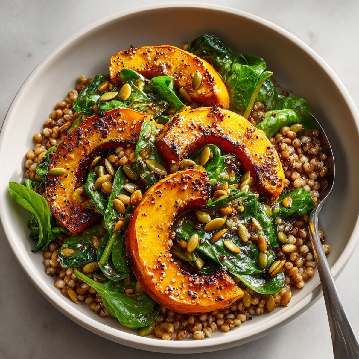 One-pan squash and barley bowl with miso and greens, vibrant colors, ready to eat.