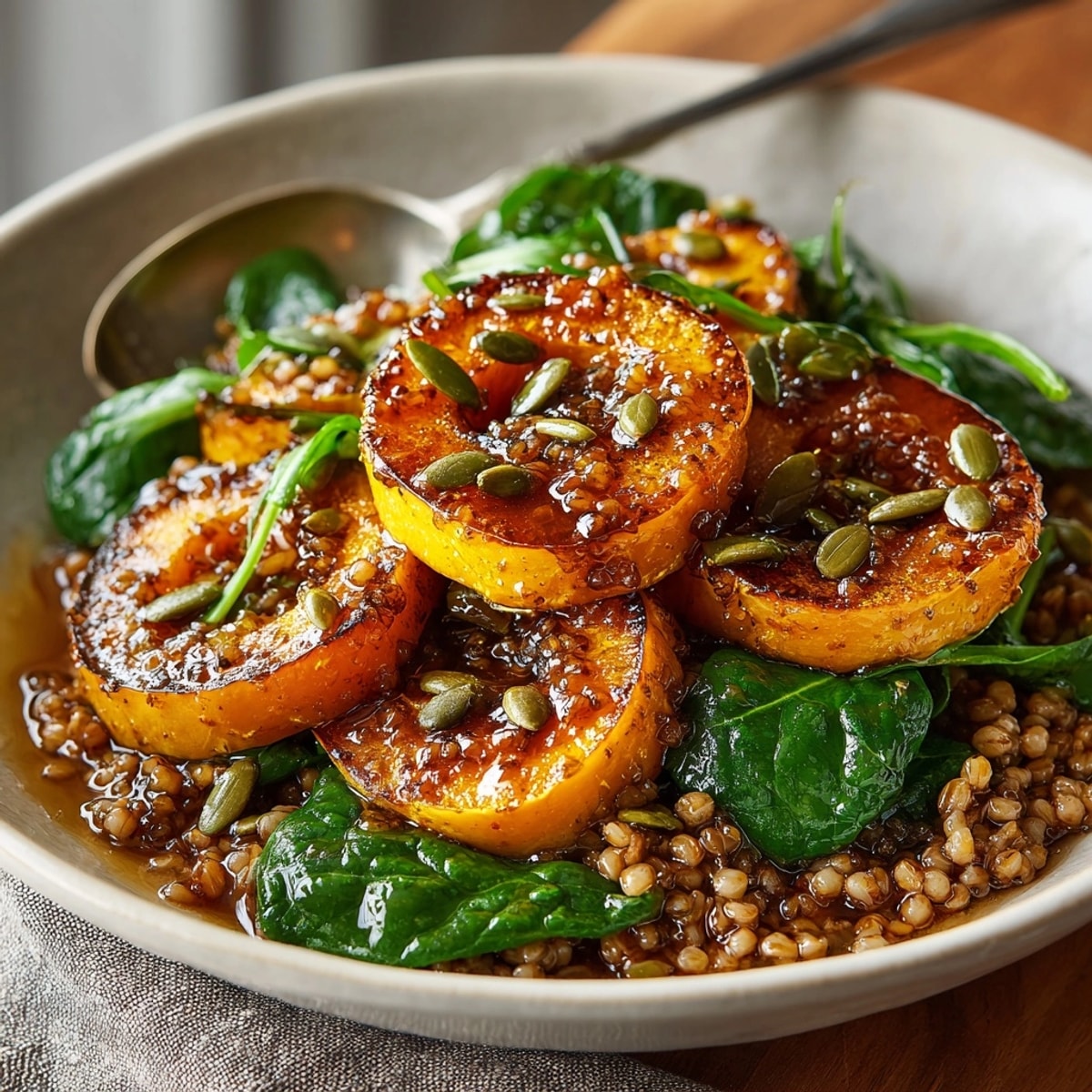 Miso-glazed one-pan squash and barley bowl: earthy, roasted veggies and perfectly cooked barley.