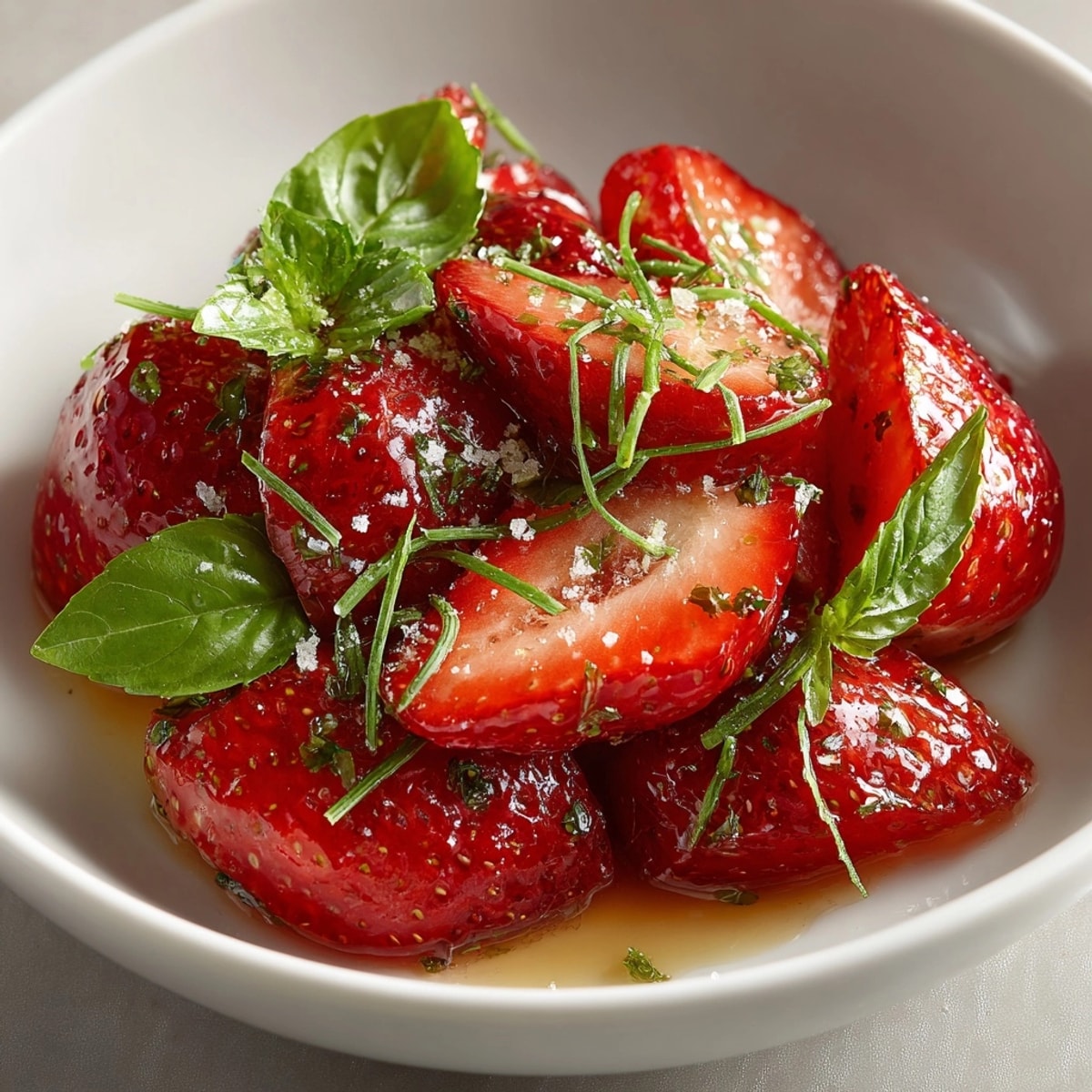 Vibrant Marinated Strawberries with Lime and Fresh Basil, a sweet and tangy summer dessert.