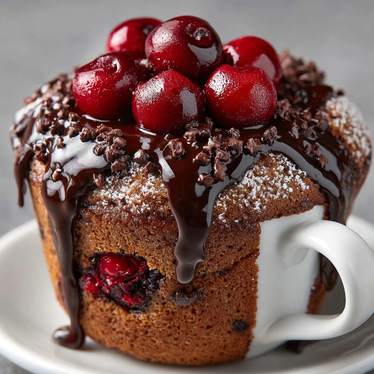 Homemade Cherry Cola Mug Cakes, topped with whipped cream, a flavorful, easy treat.
