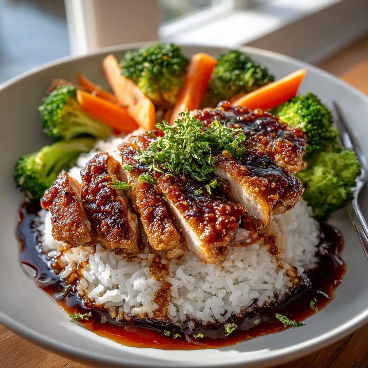 Juicy Easy Teriyaki Chicken glistens, served with fluffy sticky rice and vibrant greens.