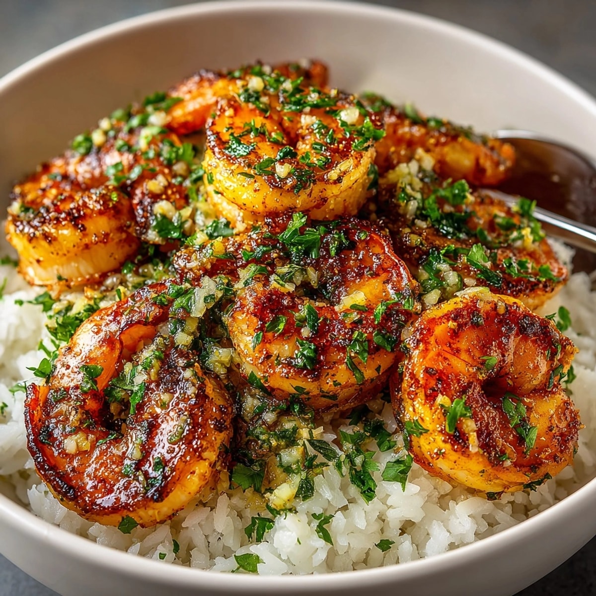Close-up of vibrant Garlic Prawn Rice Bowl with fragrant herbs ready to savor.