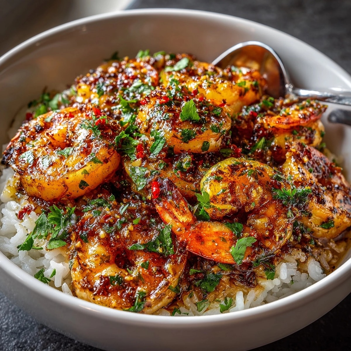 Quick weeknight dinner: A flavorful Garlic Prawn Rice Bowl, garnished with aromatic herbs.