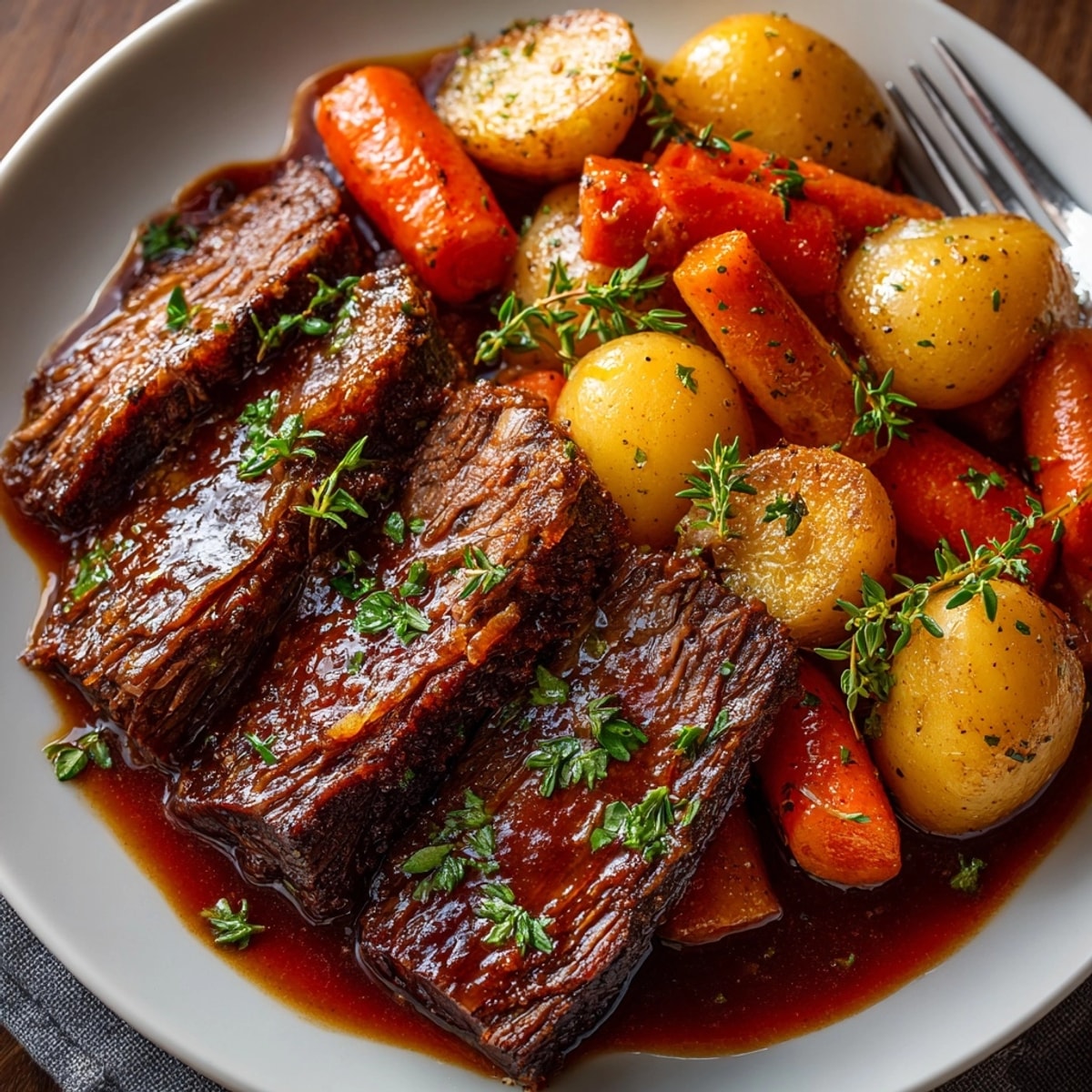 Tender slices of classic pot roast with carrots and potatoes, ready for dinner.