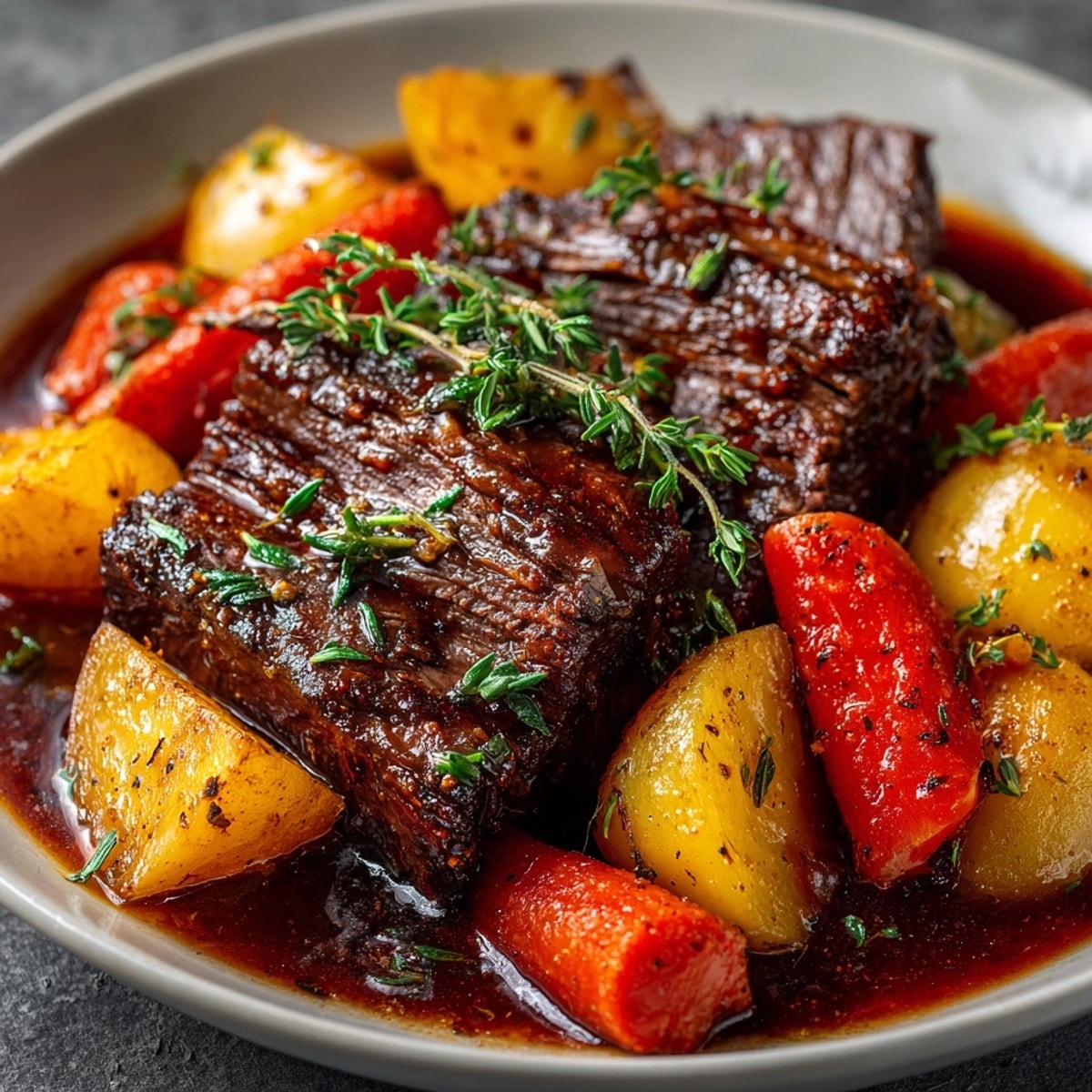 Comforting classic pot roast recipe: slow-cooked beef nestled with savory vegetables and gravy.