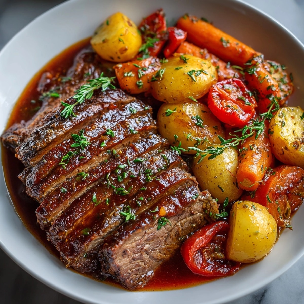 Hearty classic pot roast: steaming, fork-tender beef with a rich red wine sauce.