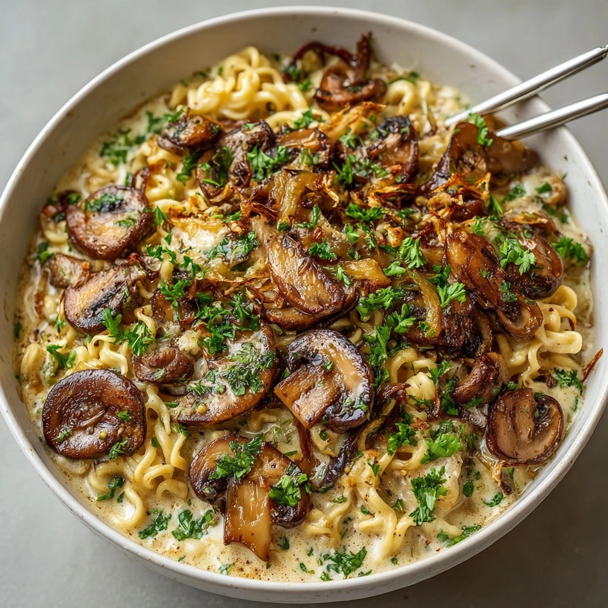 Creamy Mushroom Stroganoff Ramen: Steaming bowl with rich sauce and fresh herbs, ready to enjoy.