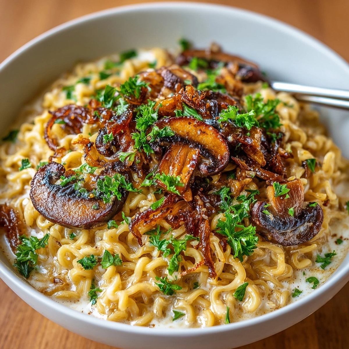 Homemade Creamy Mushroom Stroganoff Ramen recipe with tender mushrooms and a velvety sauce.