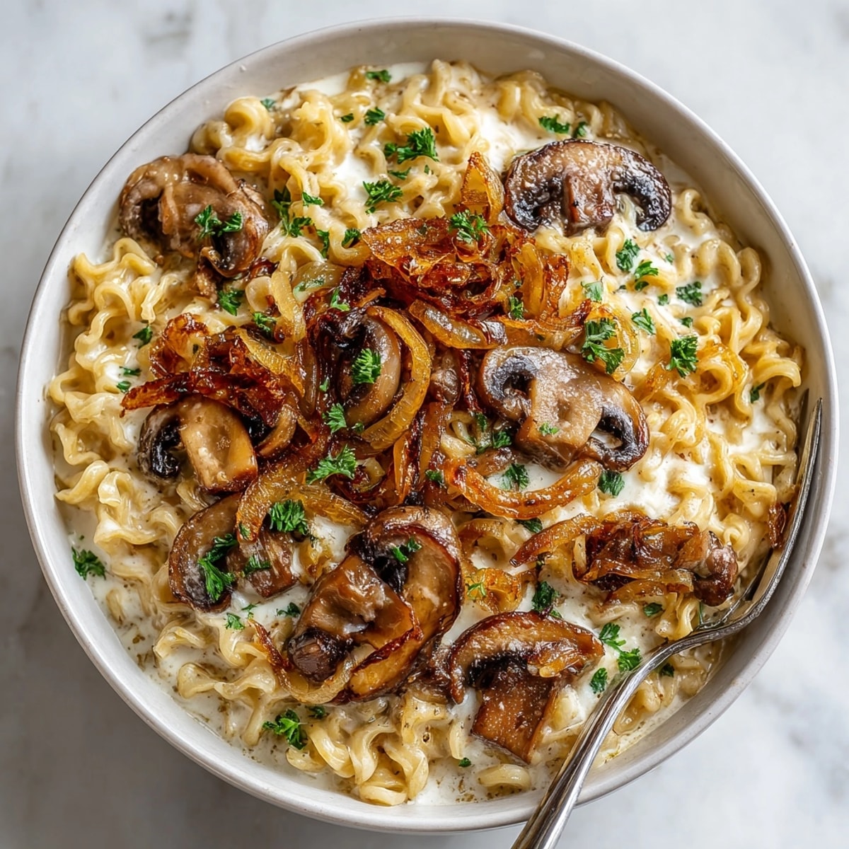 Close up of comforting Creamy Mushroom Stroganoff Ramen, a delicious and satisfying meal.