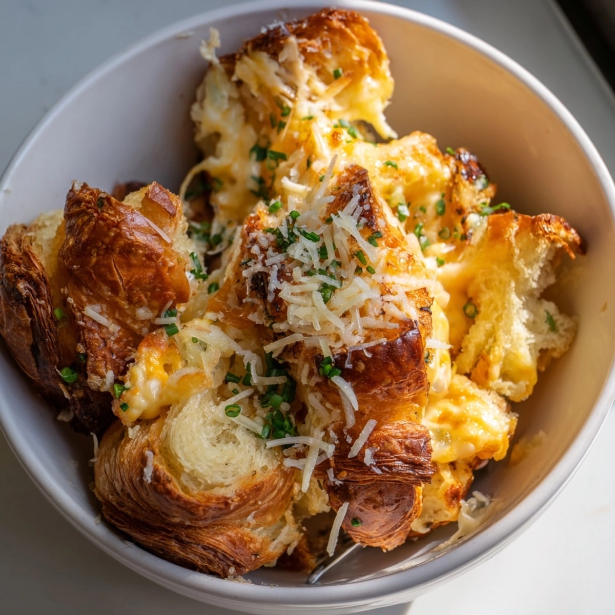 Golden Cheesy Garlic Egg Croissant Bake fresh from the oven, bubbling and aromatic.