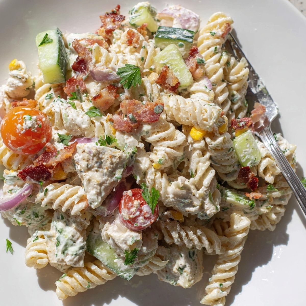 Creamy Alfredo Bacon Ranch Pasta Salad, a flavor-packed dish with vibrant veggies and herbs.
