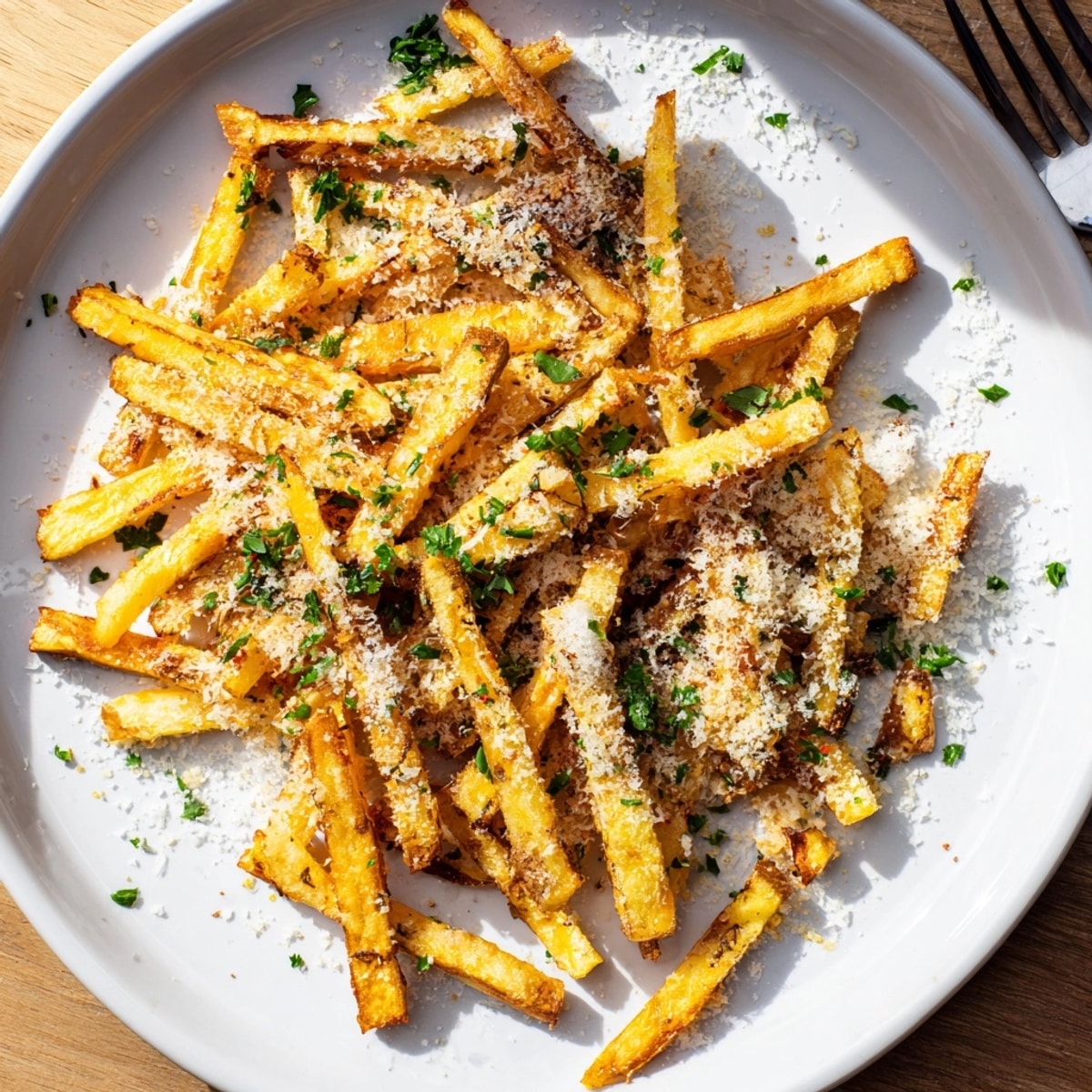 A close-up of warm, fresh Garlic Parmesan Yam Fries sprinkled with parsley.