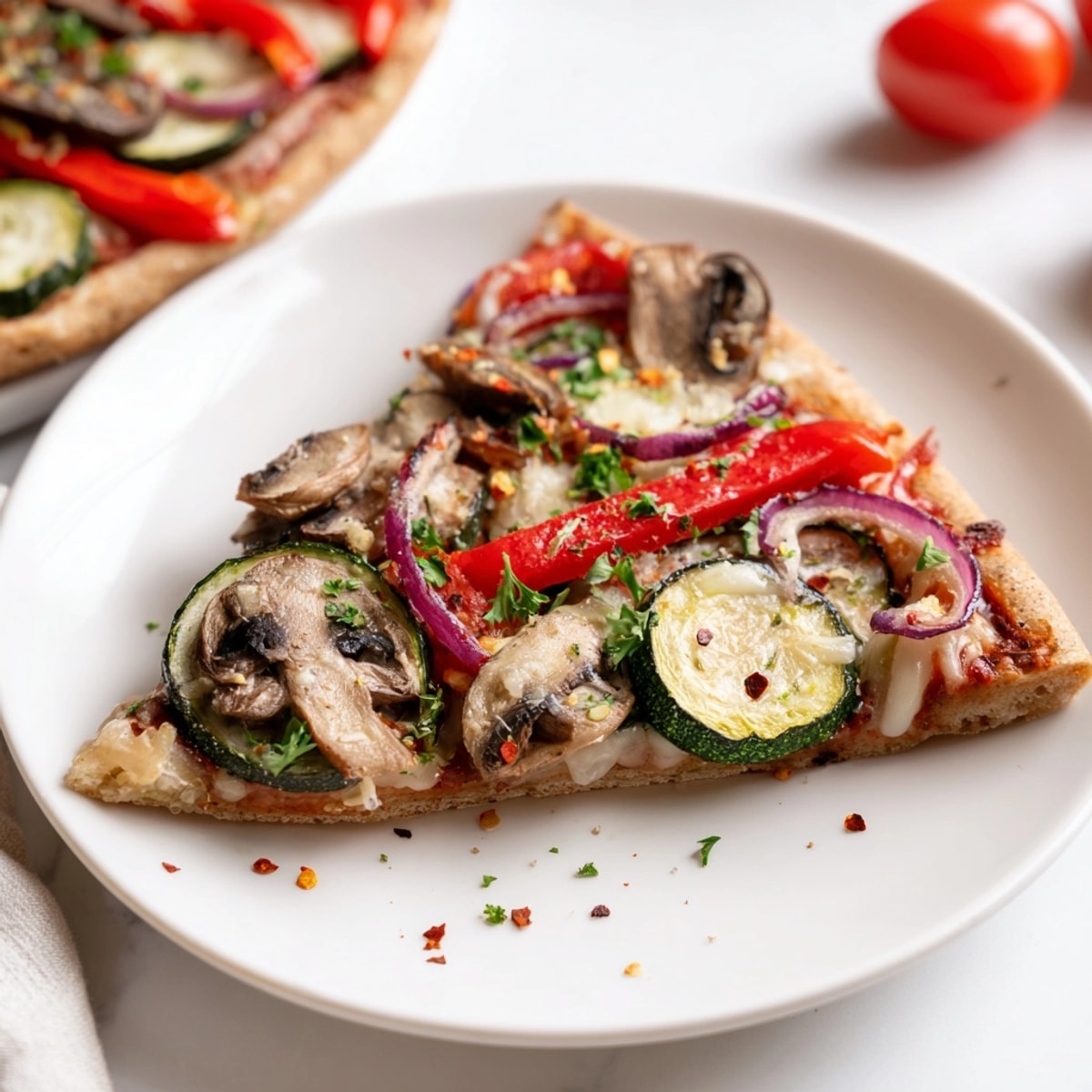 Close-up of vibrant Cajun Roasted Veggie Pizza with melted cheese and colorful vegetables.