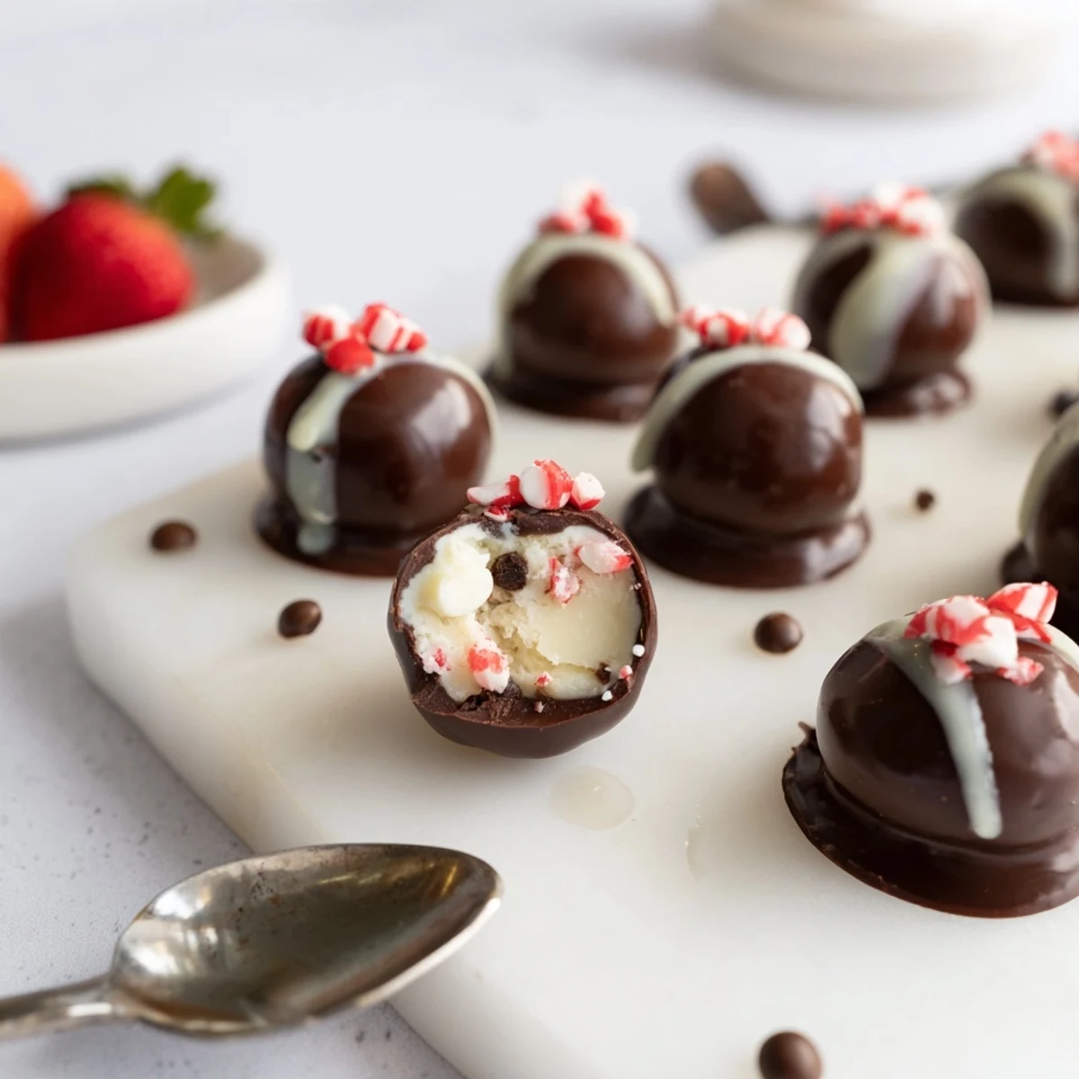 Decadent Charcuterie Board Peppermint Bark Balls garnished with crushed candies for a festive flair.  