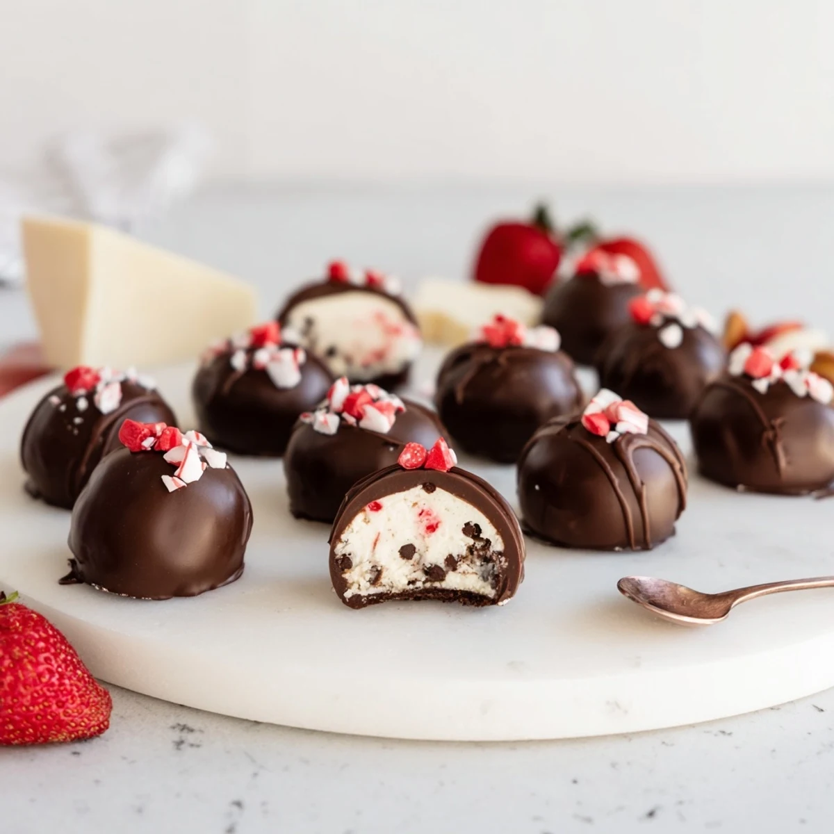 Festive Charcuterie Board Peppermint Bark Balls drizzled in white chocolate and topped with sweets.
