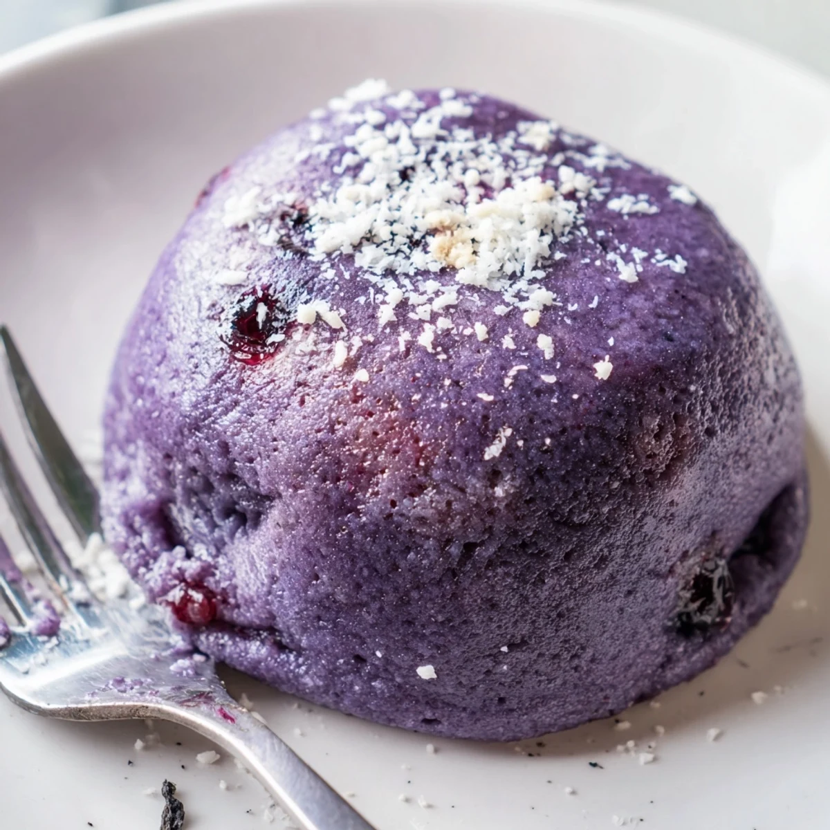 Chewy Ube Cranberry Mochi Muffins topped with coconut flakes, perfect for breakfast treats.  