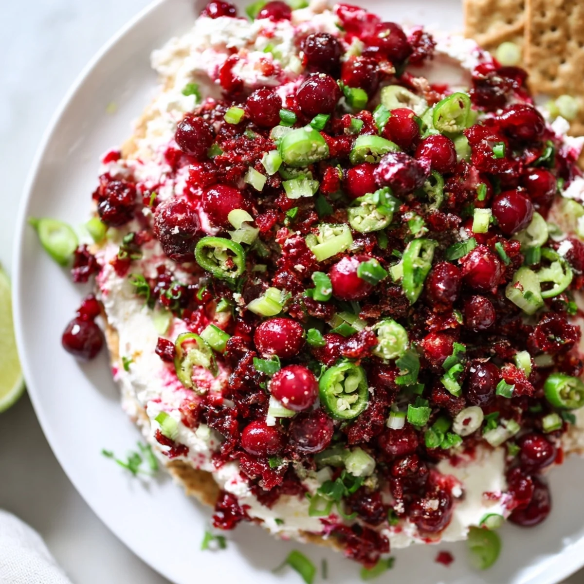 Vibrant Spicy Ginger Cranberry Jalapeño Dip garnished with fresh cilantro and lime zest.