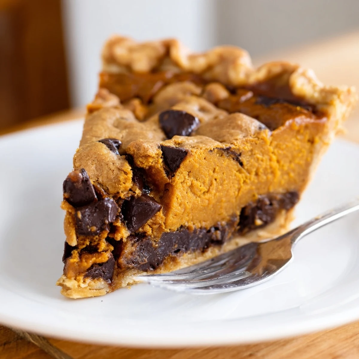 Luscious pumpkin chocolate chip cookie pie served warm with a dollop of whipped cream.  