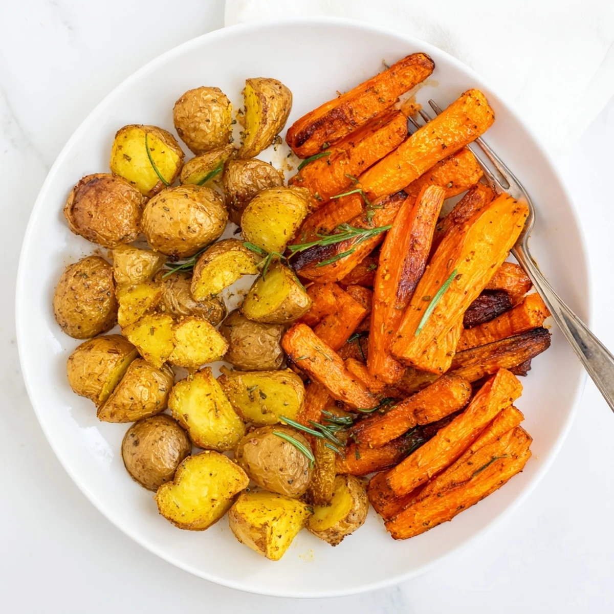 Crispy roasted potatoes and carrots with fragrant rosemary, perfect for a side dish.  