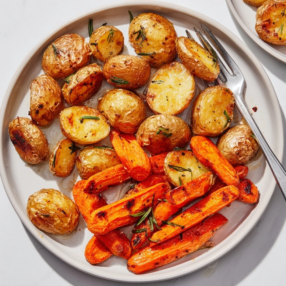Golden-brown roasted potatoes and tender carrots, ideal for healthy meals or snacks.  