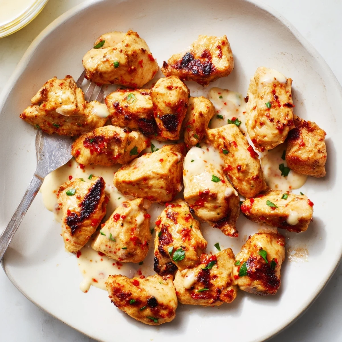 Juicy Grilled Chicken Bites with Creamy Garlic Sauce garnished with fresh parsley.  