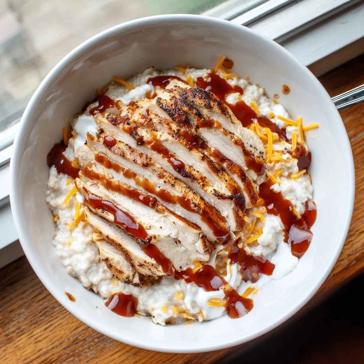 Macro Friendly BBQ Ranch Chicken Bowl topped with cheese, showcasing delicious colors and textures.  