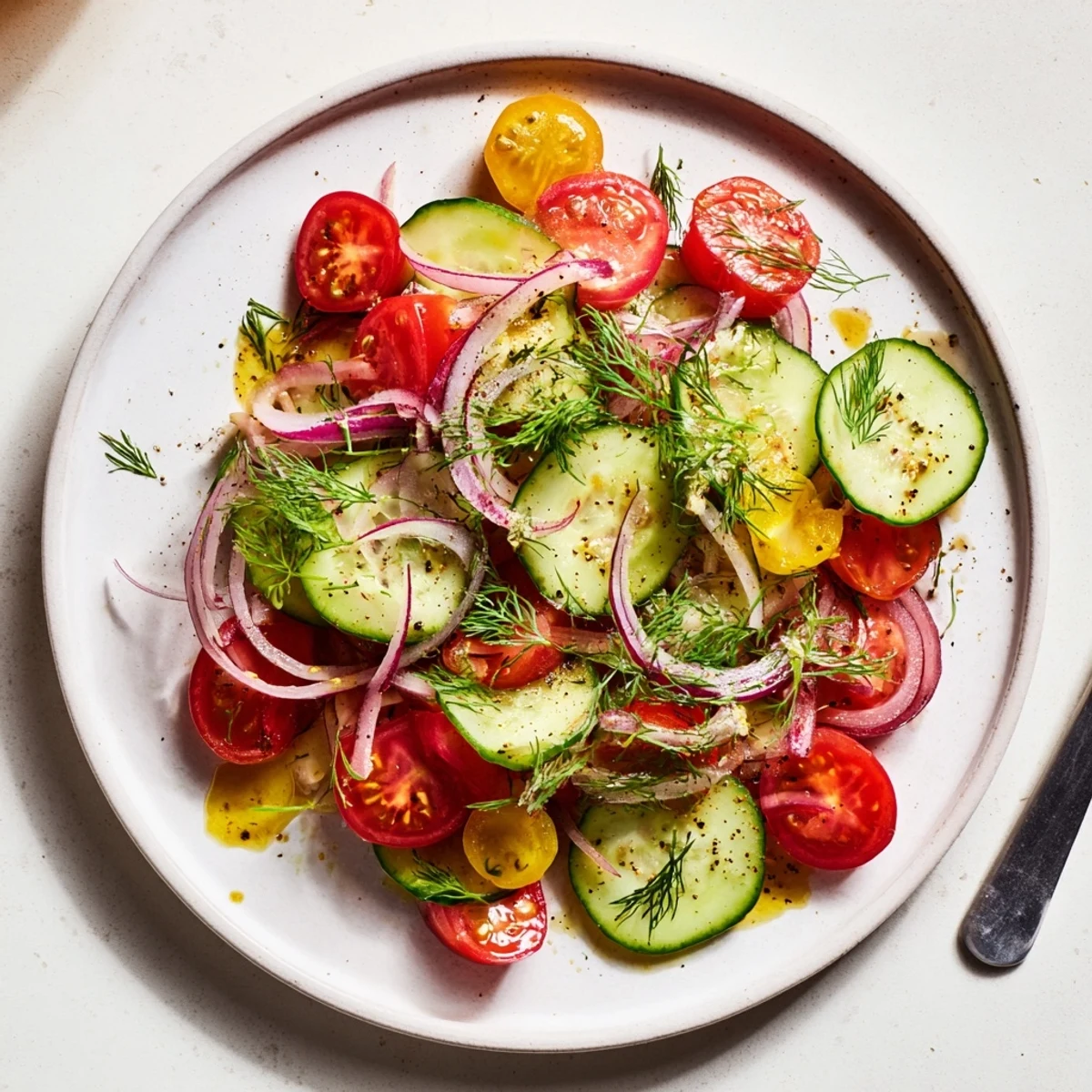Crisp marinated cucumbers, onions, and tomatoes, vibrant summer salad in a bowl.  
