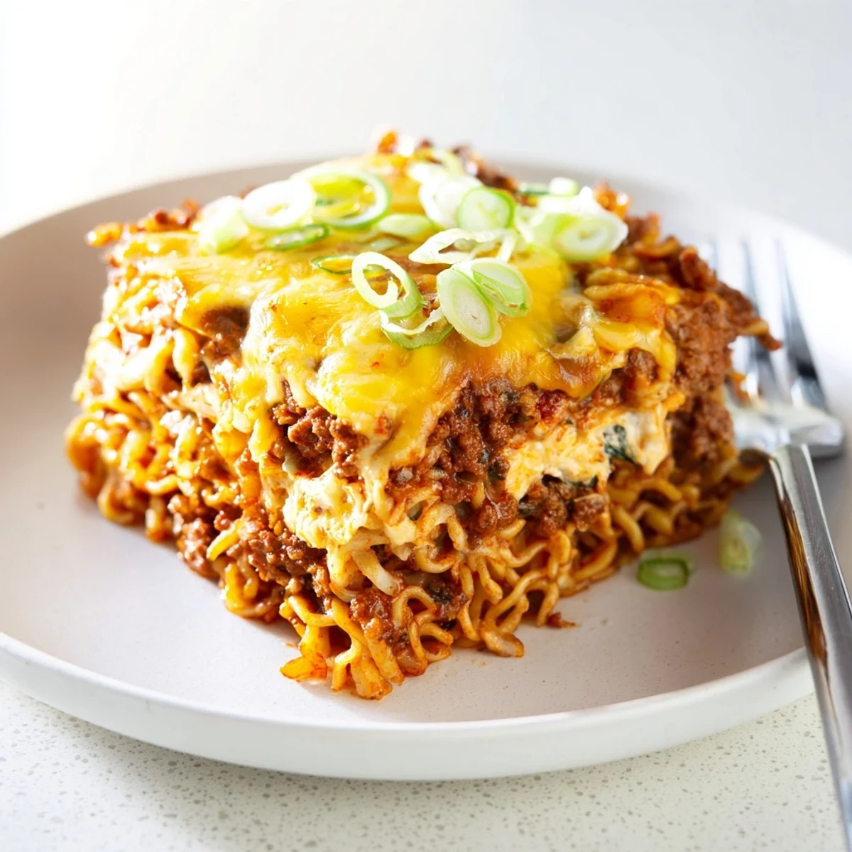 A mouthwatering Spicy Ramen Lasagna, featuring rich flavors and cheesy layers.  