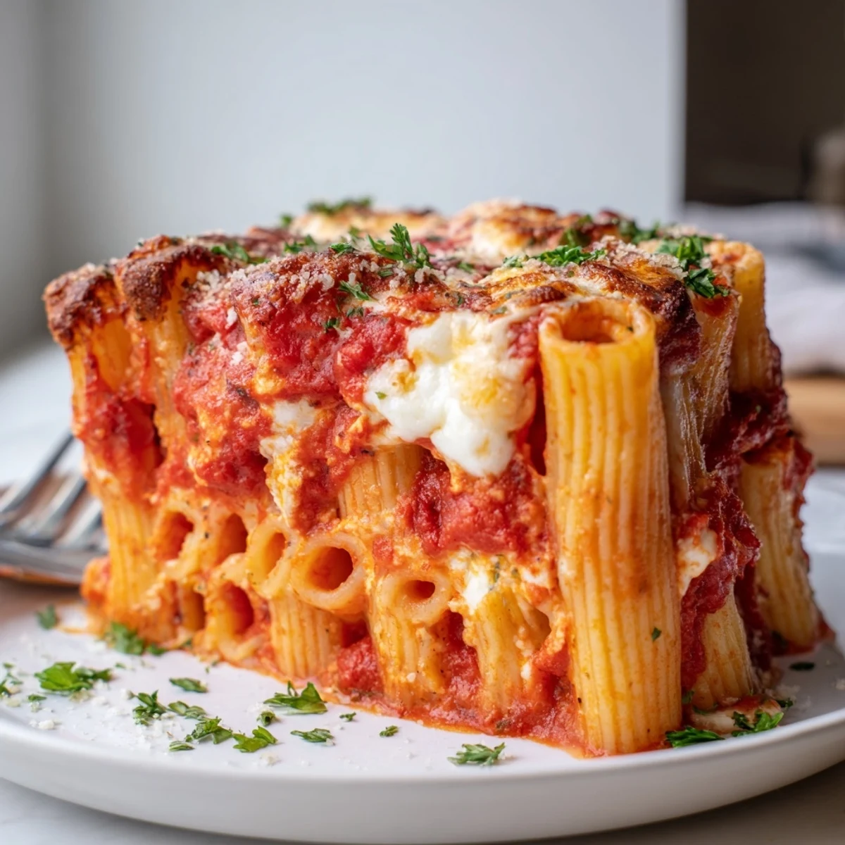 Impressive Honeycomb Pasta Cake served warm, garnished with fresh parsley and Parmesan.