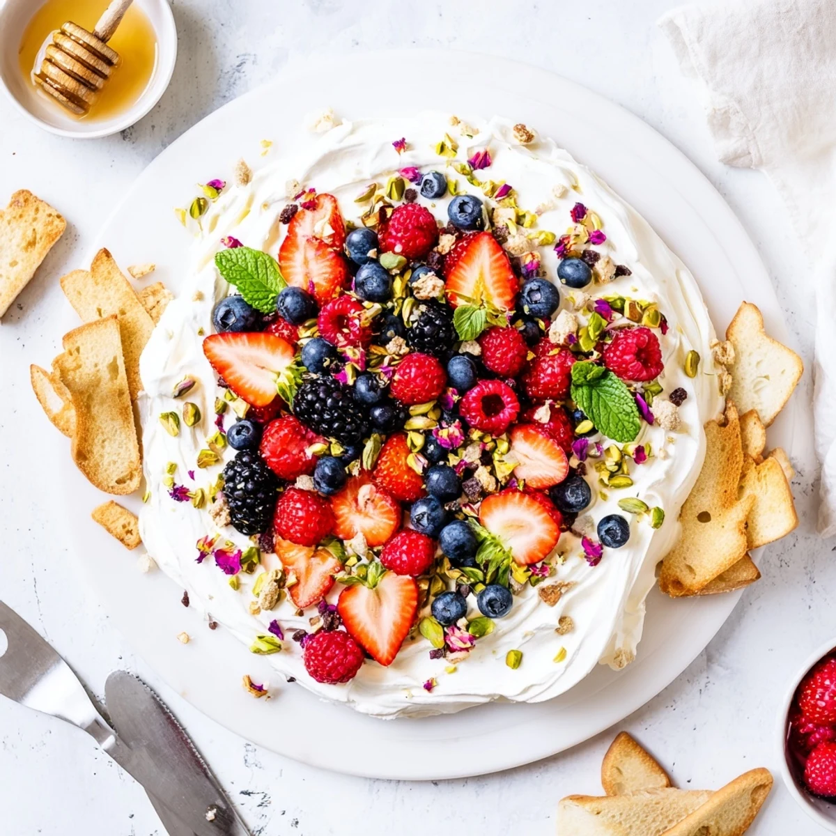 Whipped cream cheese butter board dessert topped with fresh berries and nuts.  