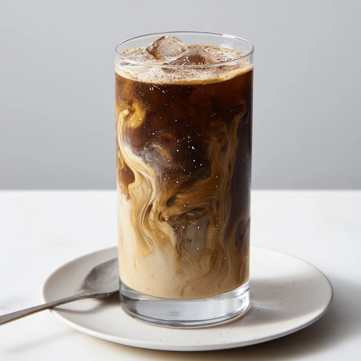 Creamy Tahini Iced Coffee topped with plant-based milk and ice cubes, refreshing drink.  