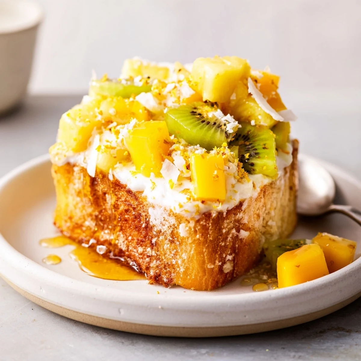 Golden-baked Yogurt-Custard Toast, lavishly adorned with mango and kiwi for a fruity treat.