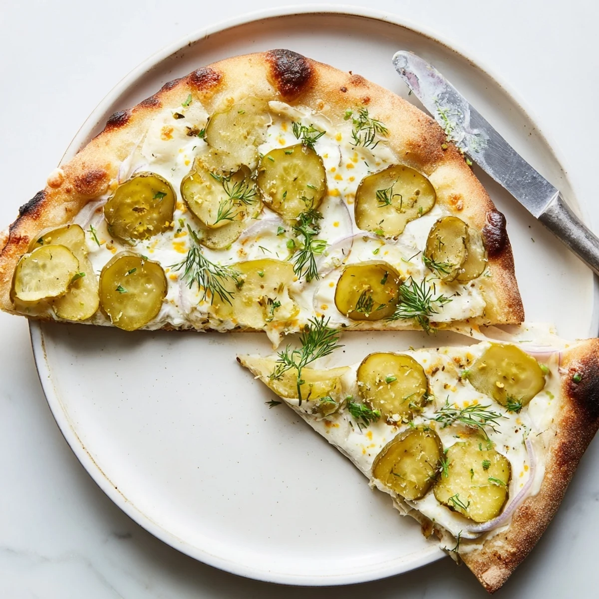 Tangy Pickle Pizza topped with creamy sauce and vibrant dill flavors.  