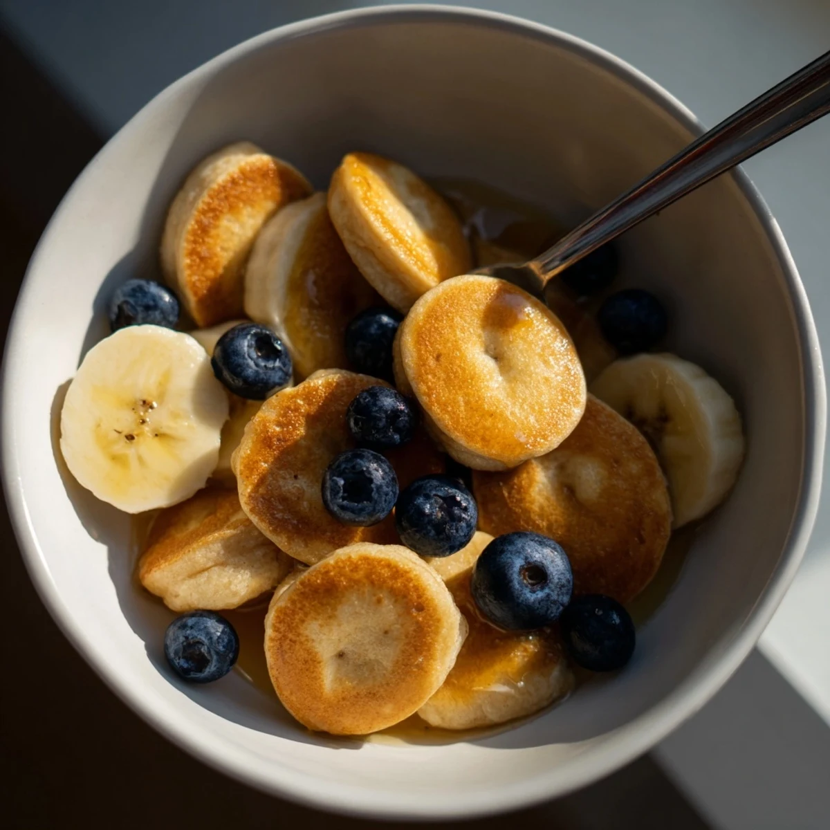 Bite-sized pancake cereal drenched in syrup, served with fresh berries for added sweetness.  