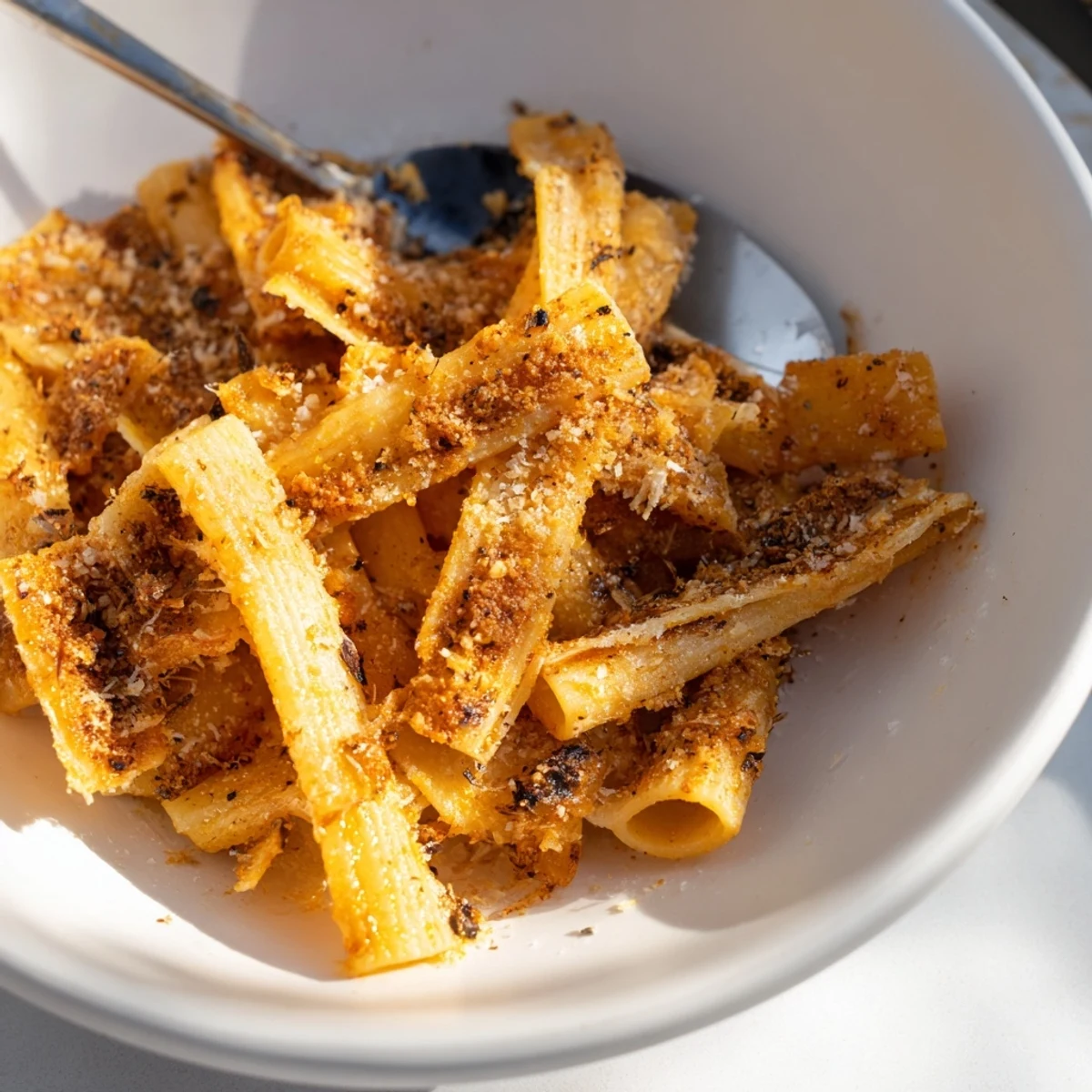 Baked pasta chips tossed in spices, a crunchy snack for any occasion.  