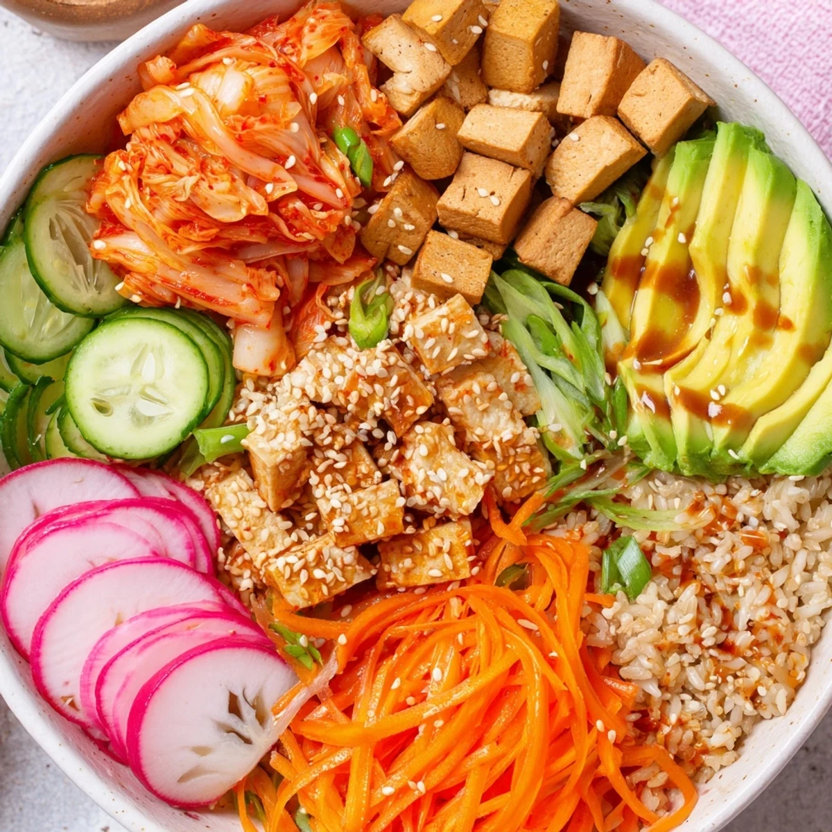 A colorful fermented vegetable bowl with kimchi, fresh veggies, and grains.  