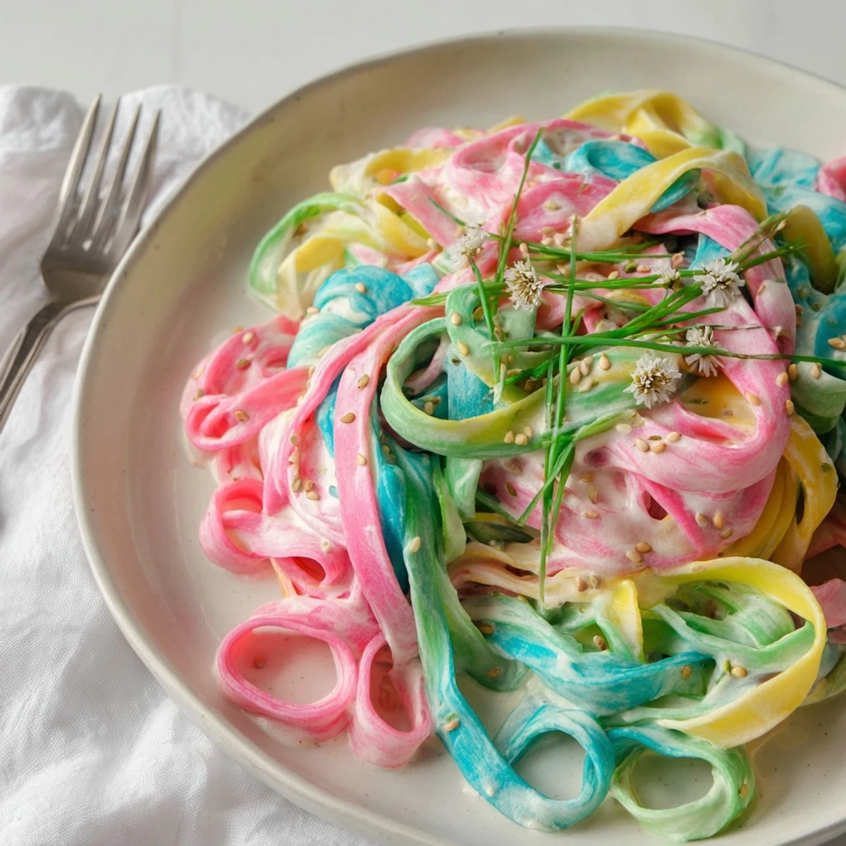 Colorful Neon Noodle Cloud dish topped with fresh scallions and sesame seeds.  