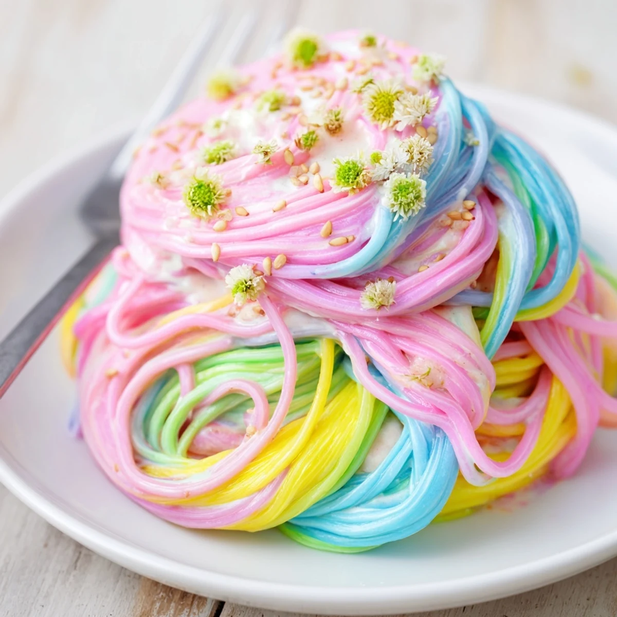 Vibrant Neon Noodle Cloud, swirling colors in creamy sauce, delighting kids and adults.