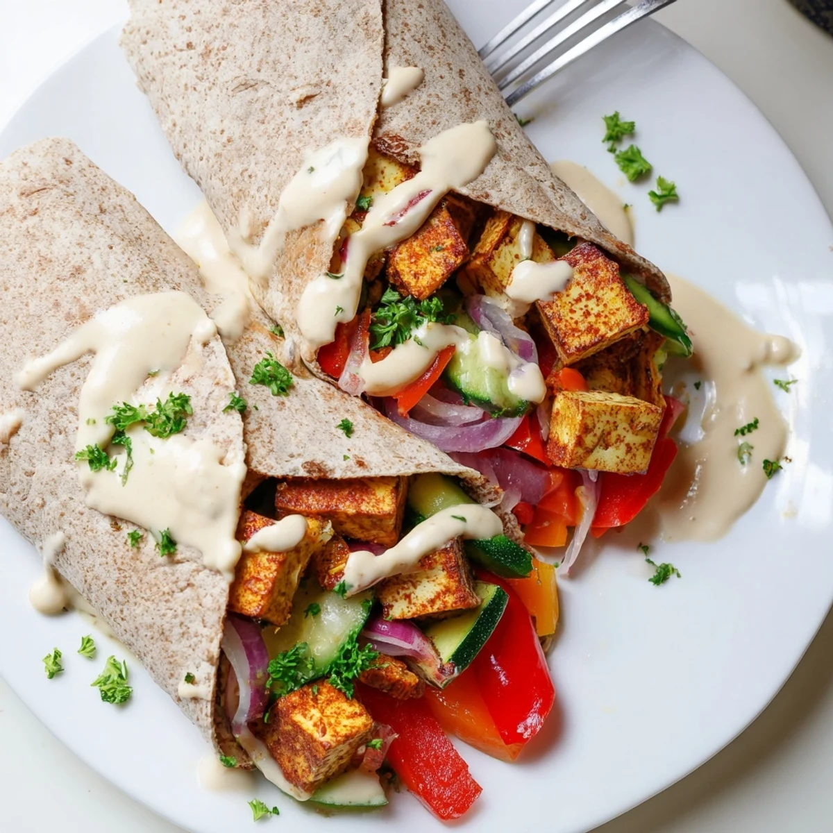 Savory Vegan Viral Recipe re-make with marinated tofu, fresh herbs, and creamy drizzle.