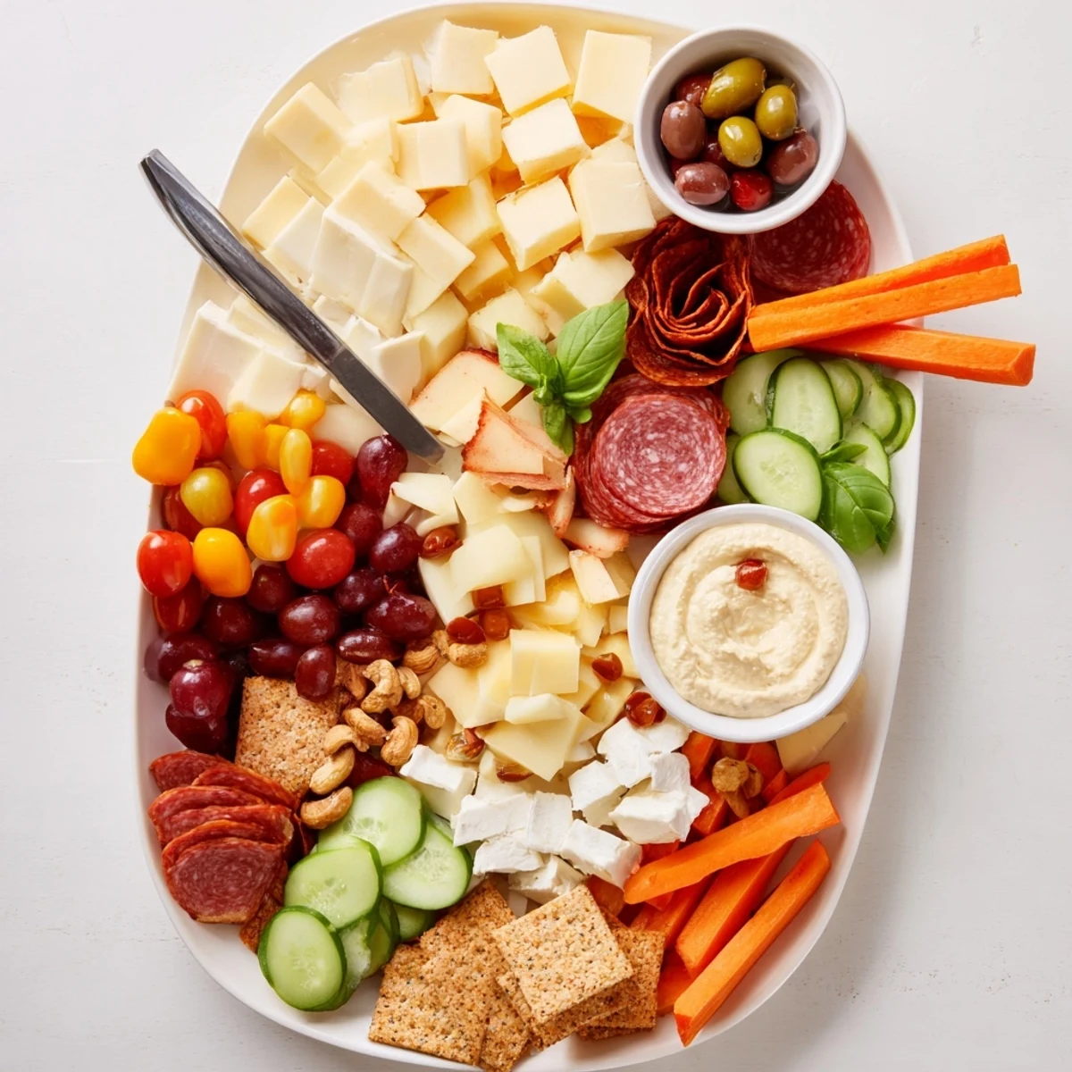 A vibrant Girl Dinner Platter showcasing cheeses, fruits, and colorful dips.  