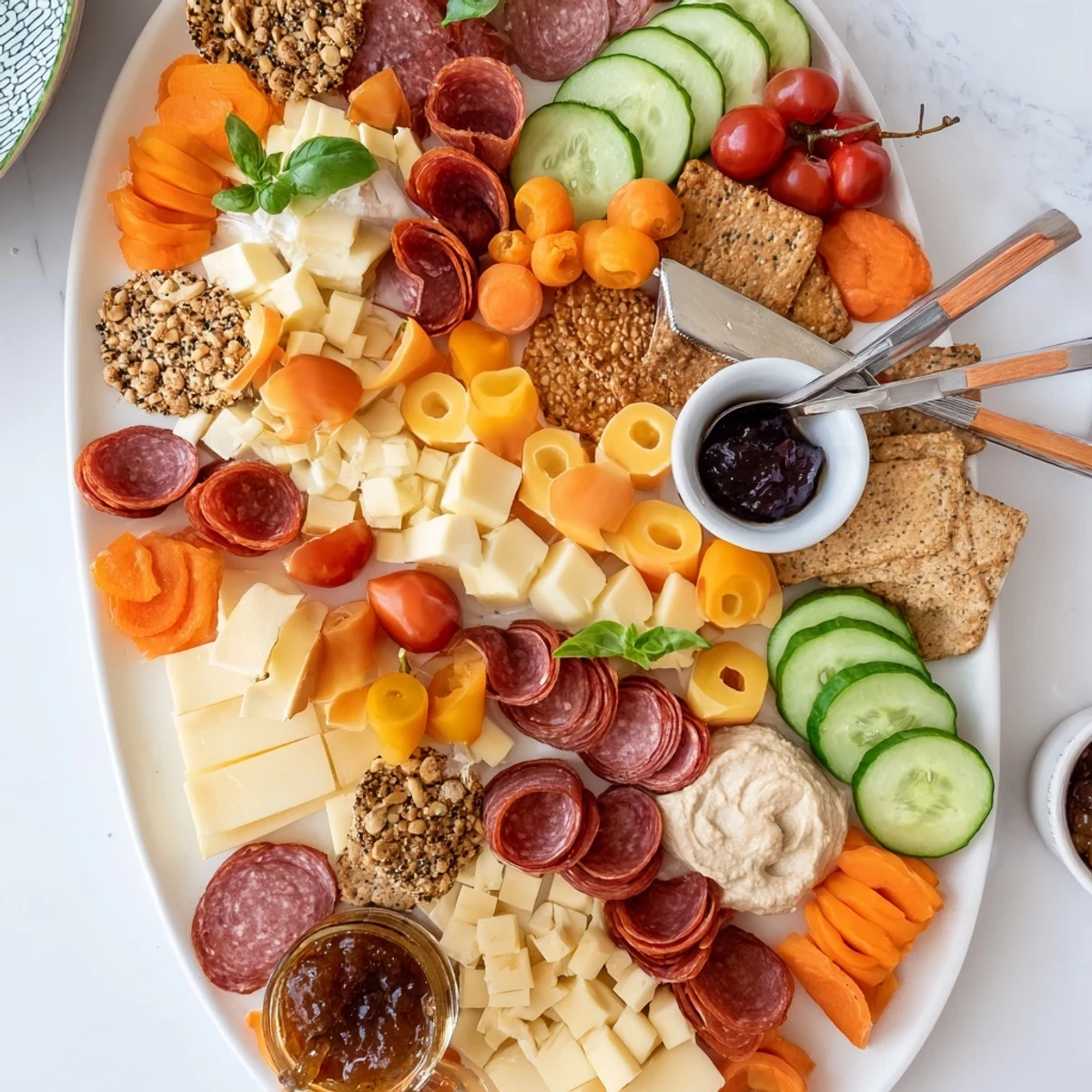 Close-up of a fun Girl Dinner Platter, filled with cheese, veggies, and snacks.  