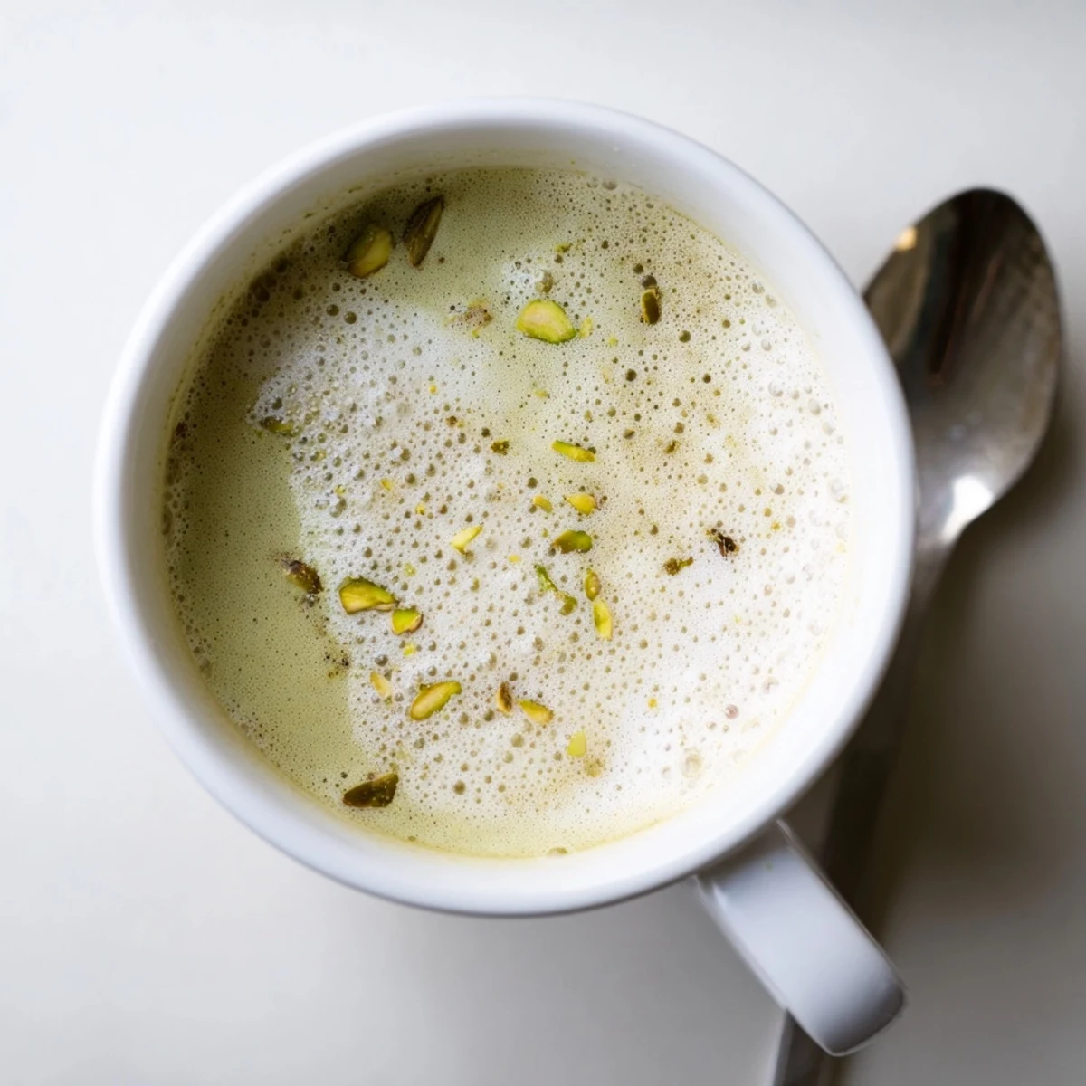 Homemade pistachio milk latte served in a cozy cup, ideal for afternoon breaks.